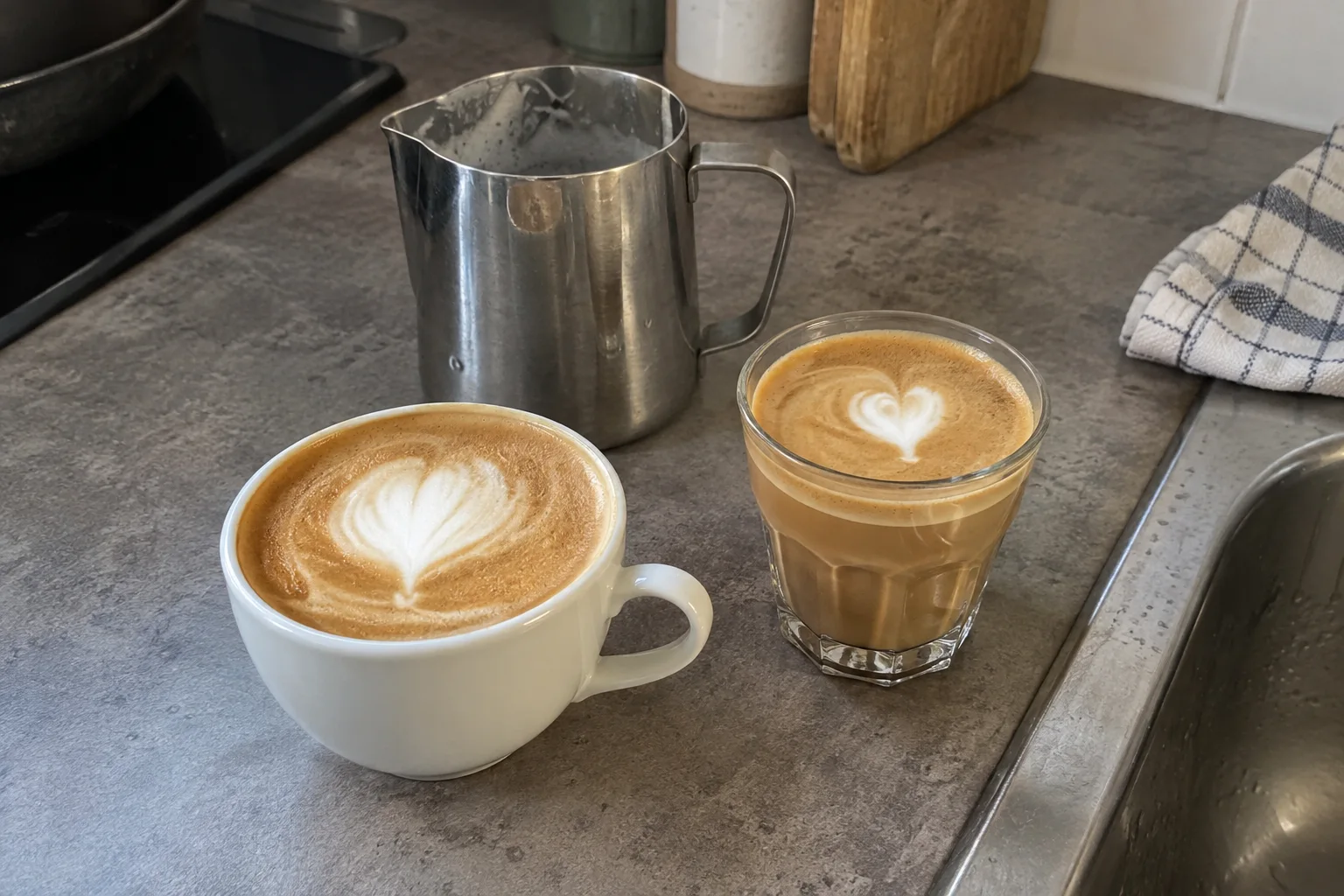 A small ceramic coffee cup and a cortado glass with imperfect latte art hearts