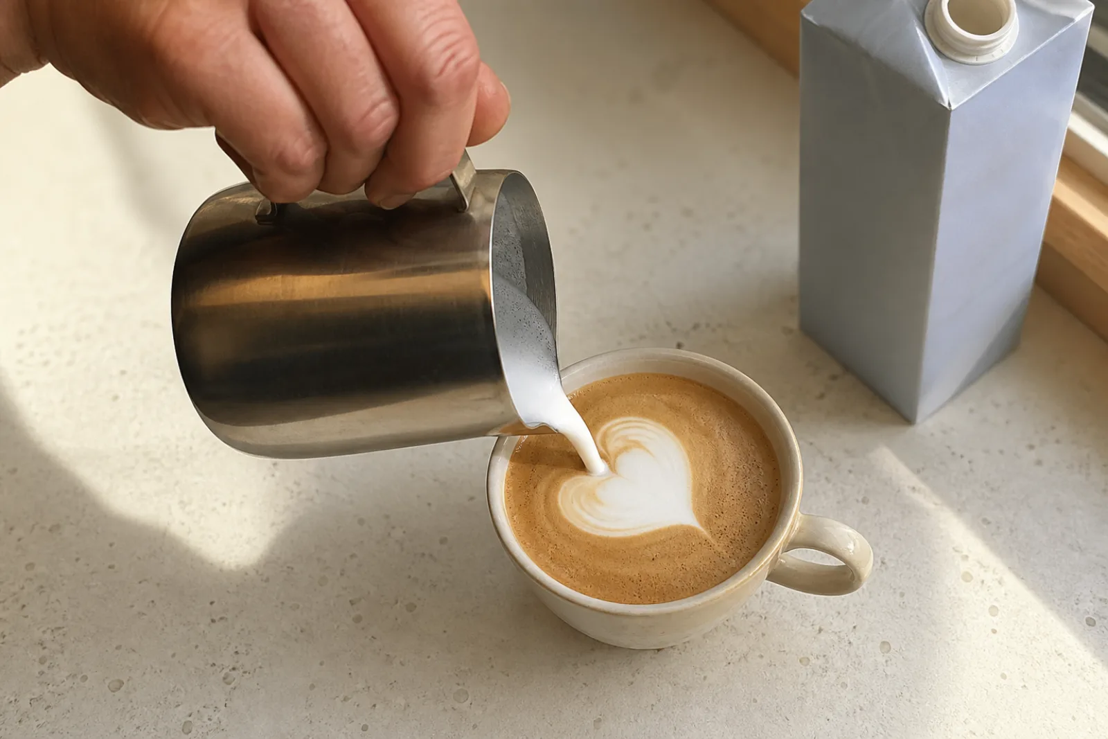 A home barista actively pouring a softly defined oat milk heart from a small stainless pitcher