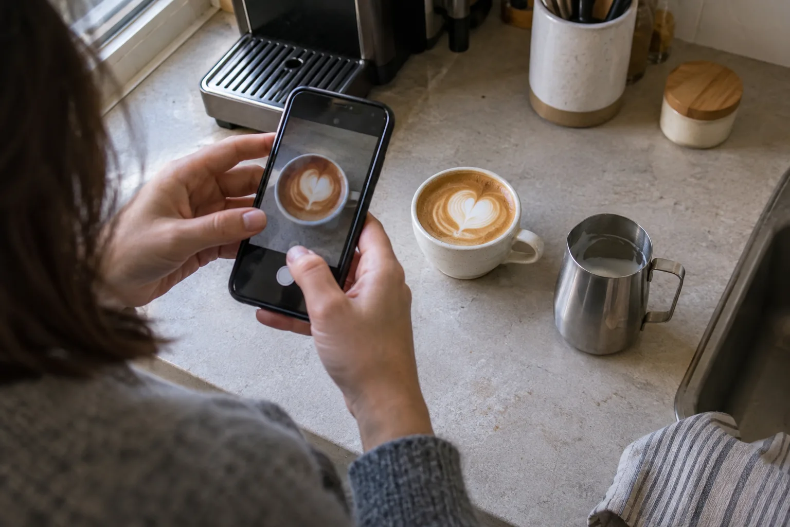 A person photographing a finished latte with their phone at home