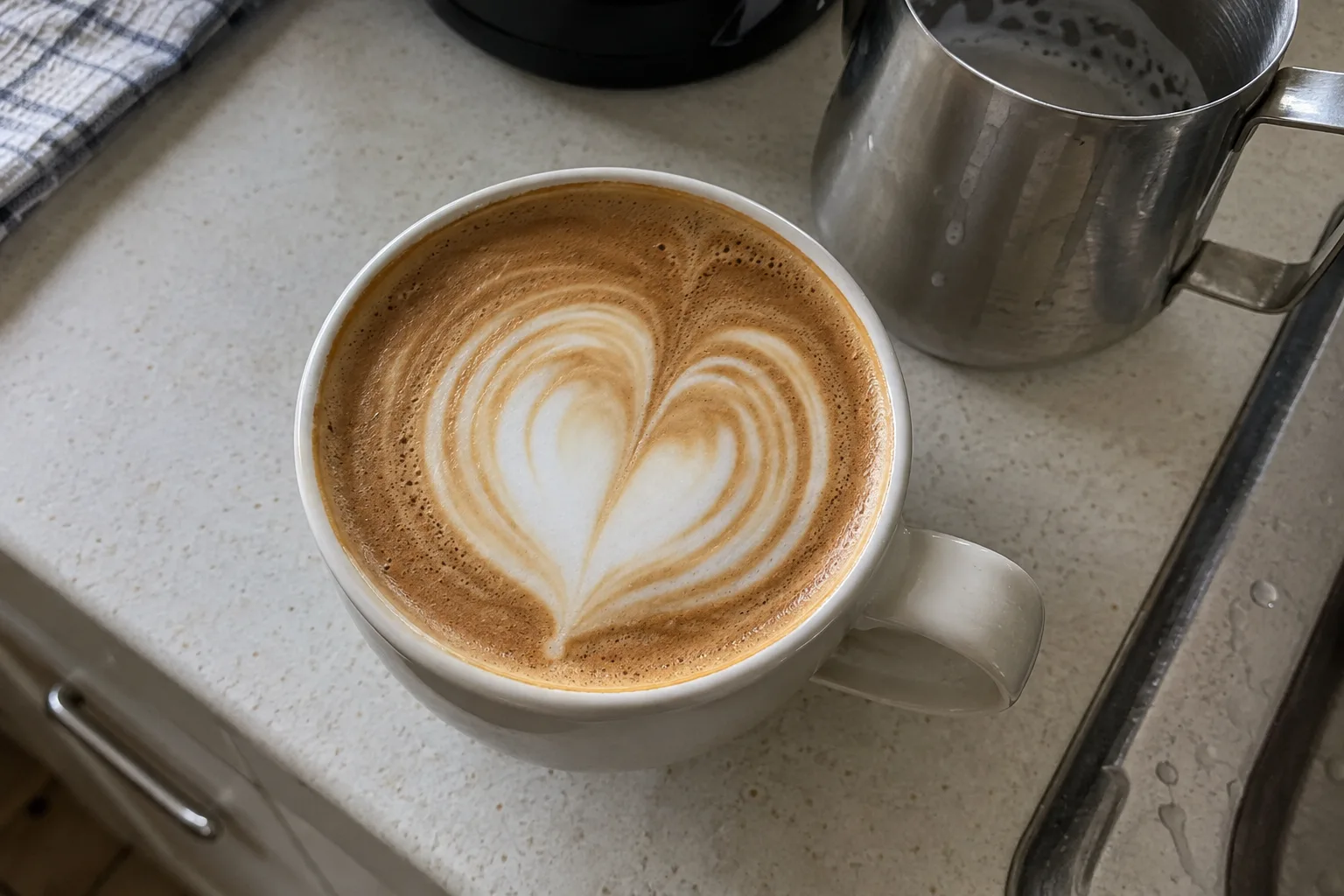 A slightly uneven ripple heart in a ceramic coffee cup beside a used pitcher